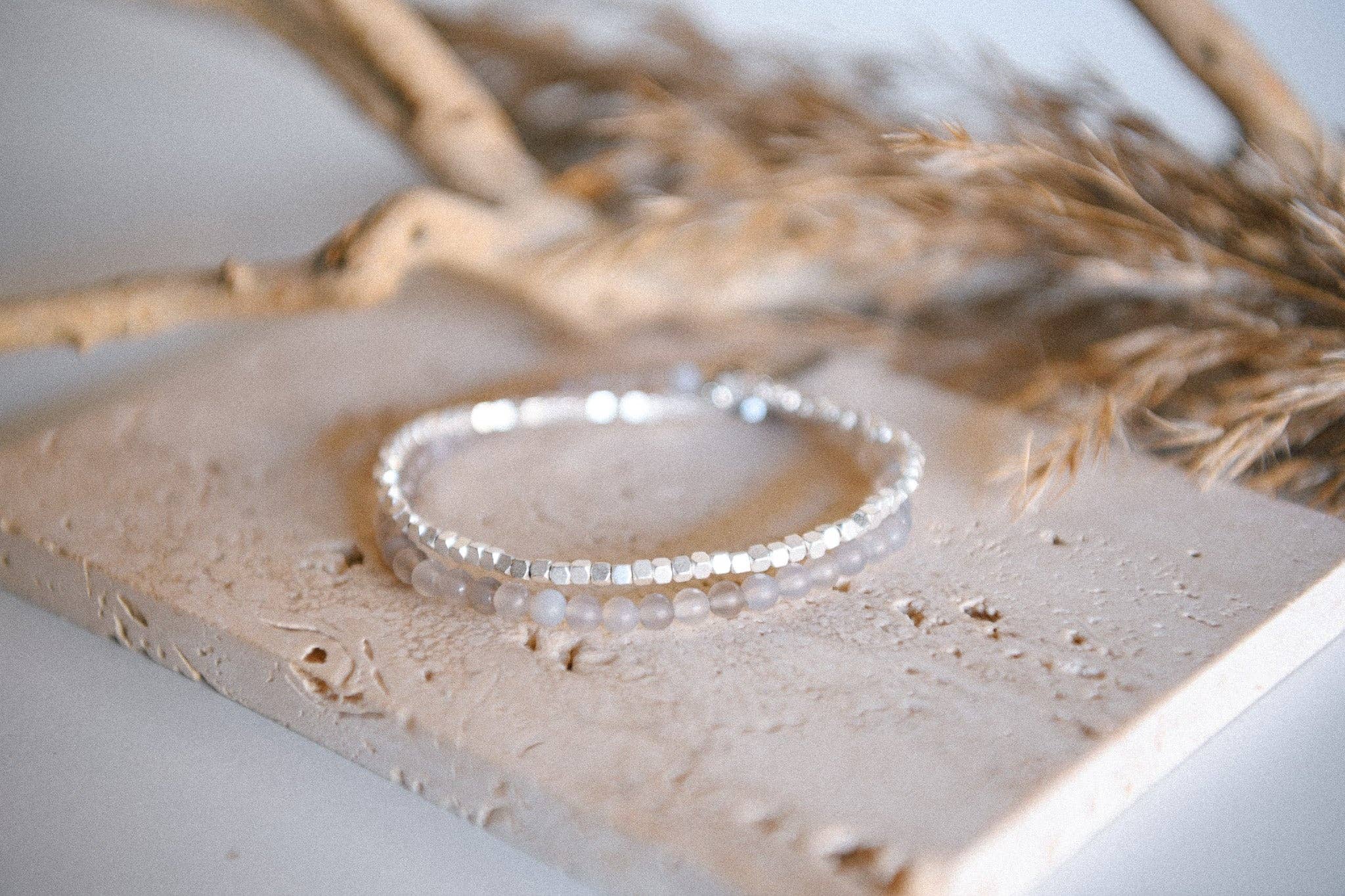 Gemstone Double Wrap Silver Beaded Bracelet : Jade