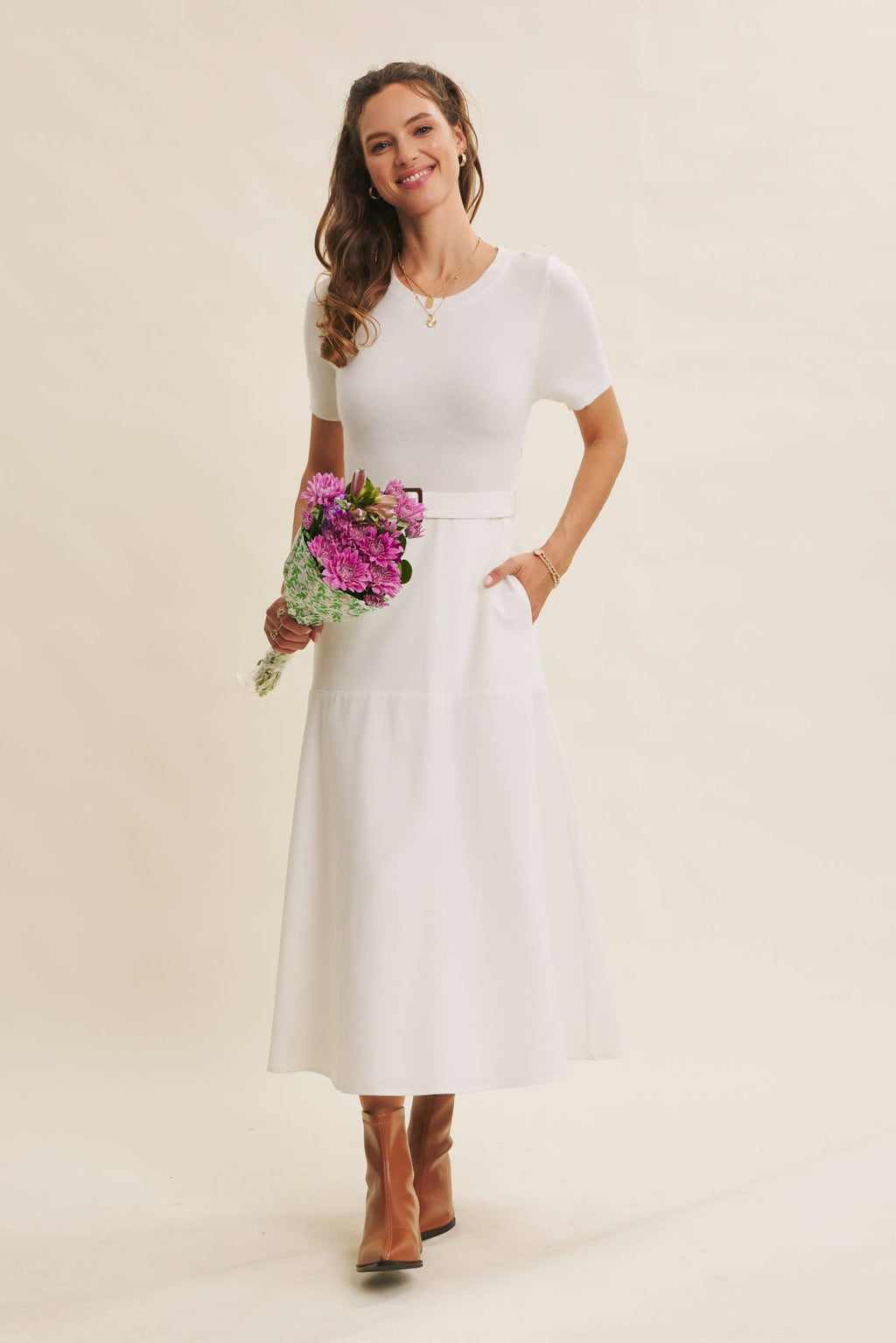 PHOTOGRAPHS LIKE A DREAM BELTED SWEATER TWOFER MIDI DRESS