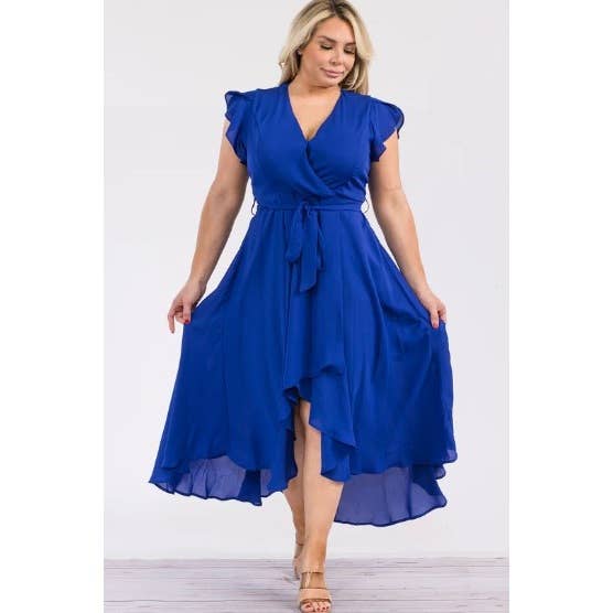 PLUS SIZE SURPLICE WRAP RUFFLE SLEEVE MIDI DRESS: Green / 1X