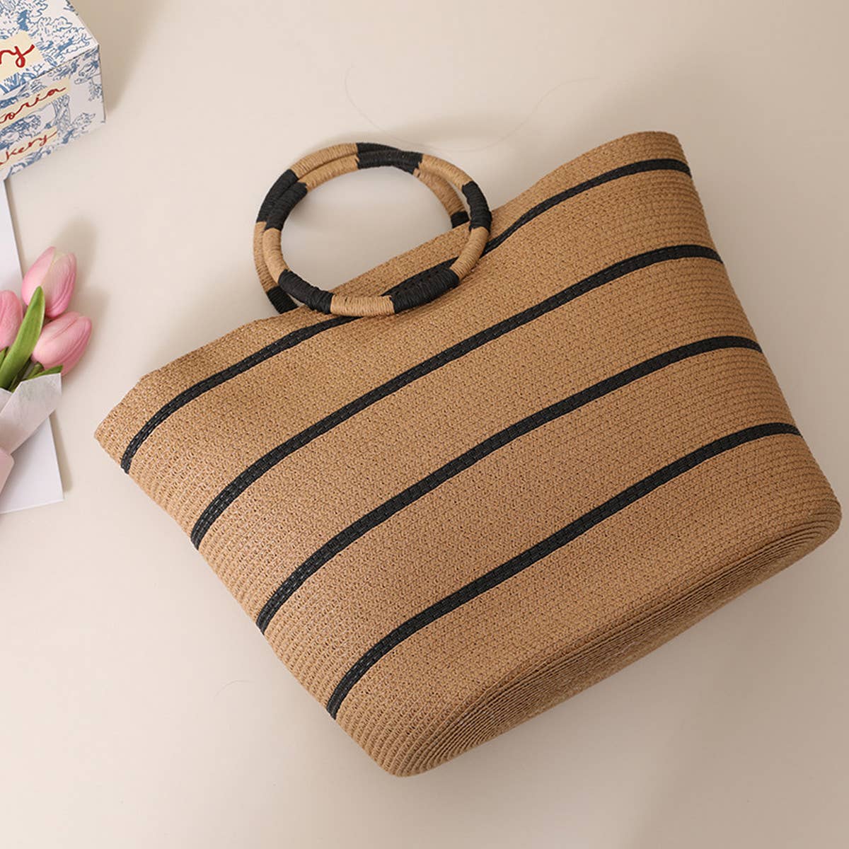 NEW STRIPED TOTE STRAW BAG WOVEN BAG