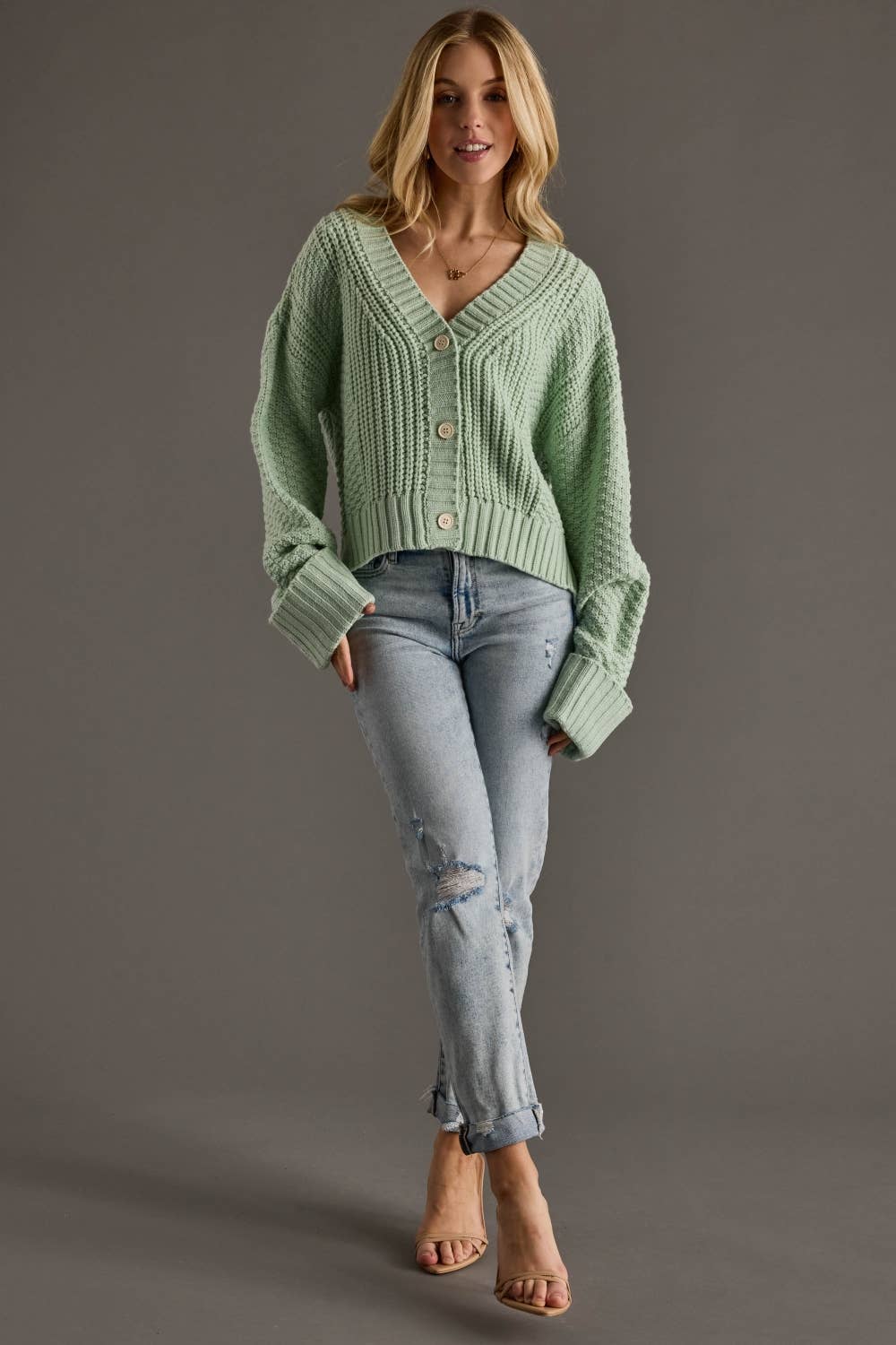 Mint Knit Cropped Button Up Cardigan