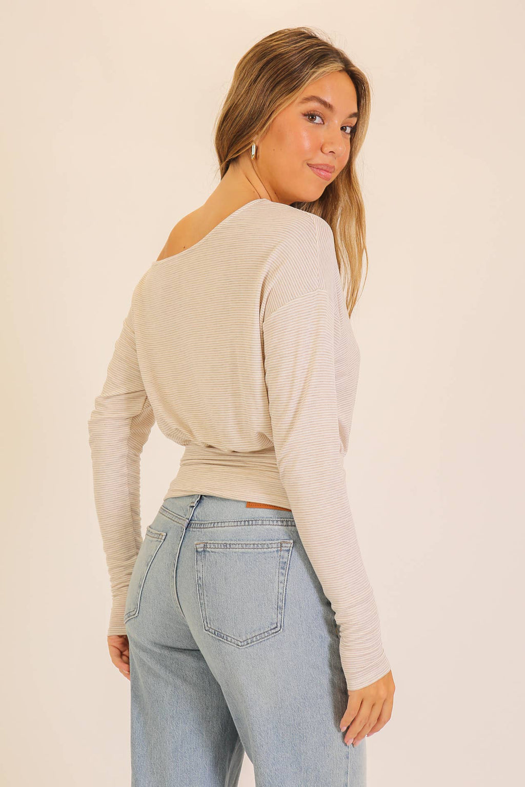 Striped One-Shoulder Ruched Waist Top