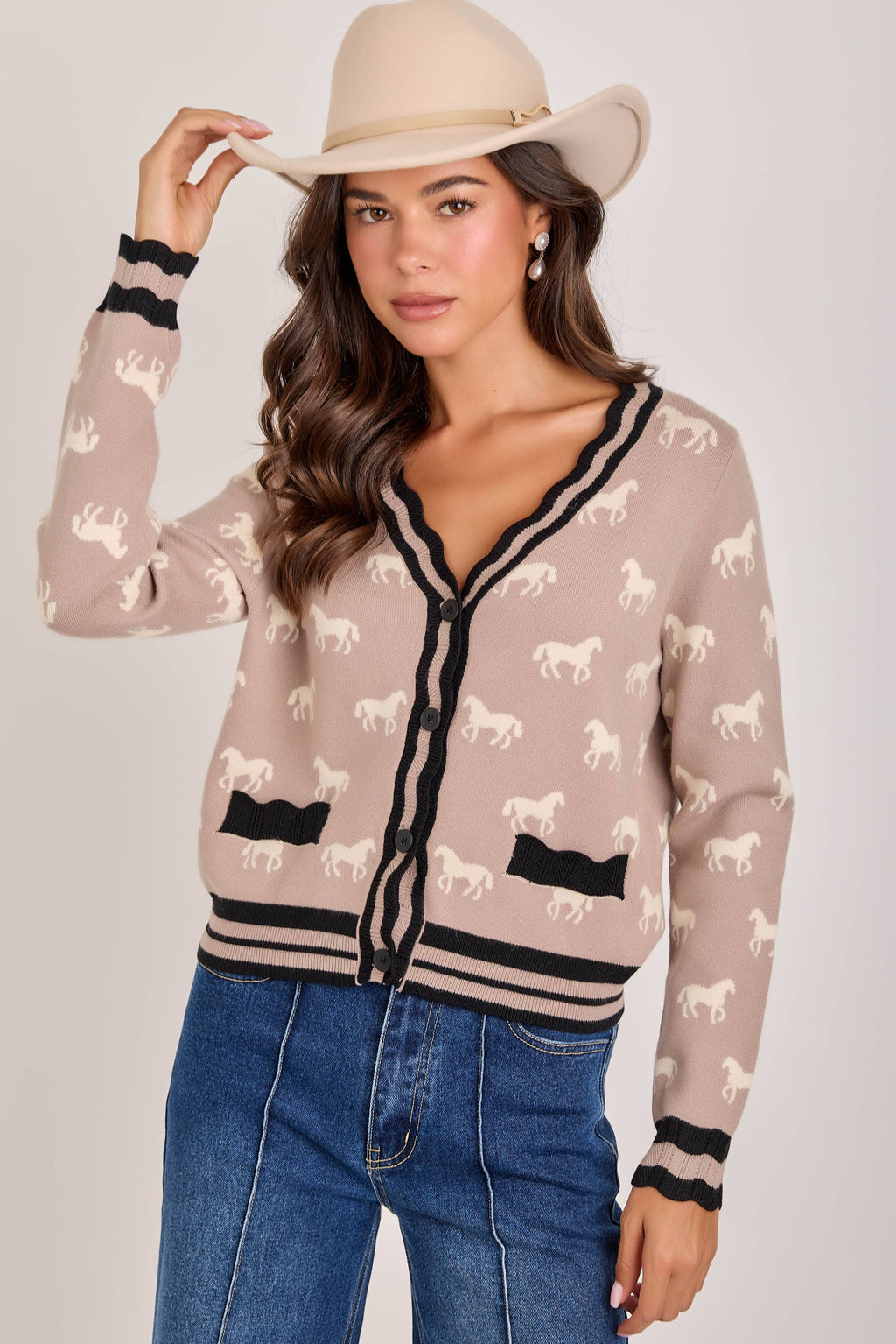 SUPER SOFT HORSE PRINT KNIT CARDIGAN_JLT00386-01: OATMEAL COMBO / S-M-L(2-2-2)