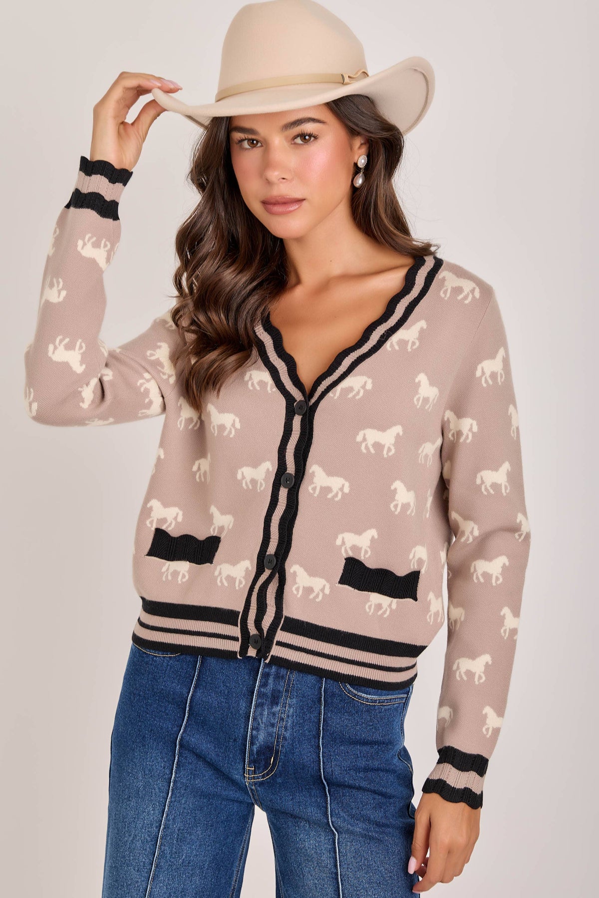 SUPER SOFT HORSE PRINT KNIT CARDIGAN_JLT00386-01: OATMEAL COMBO / S-M-L(2-2-2)