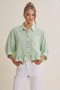 YEAR-ROUND CLASSIC COTTON STRIPE BUTTON-DOWN PEPLUM SHIRT: CLOVER GREEN / L