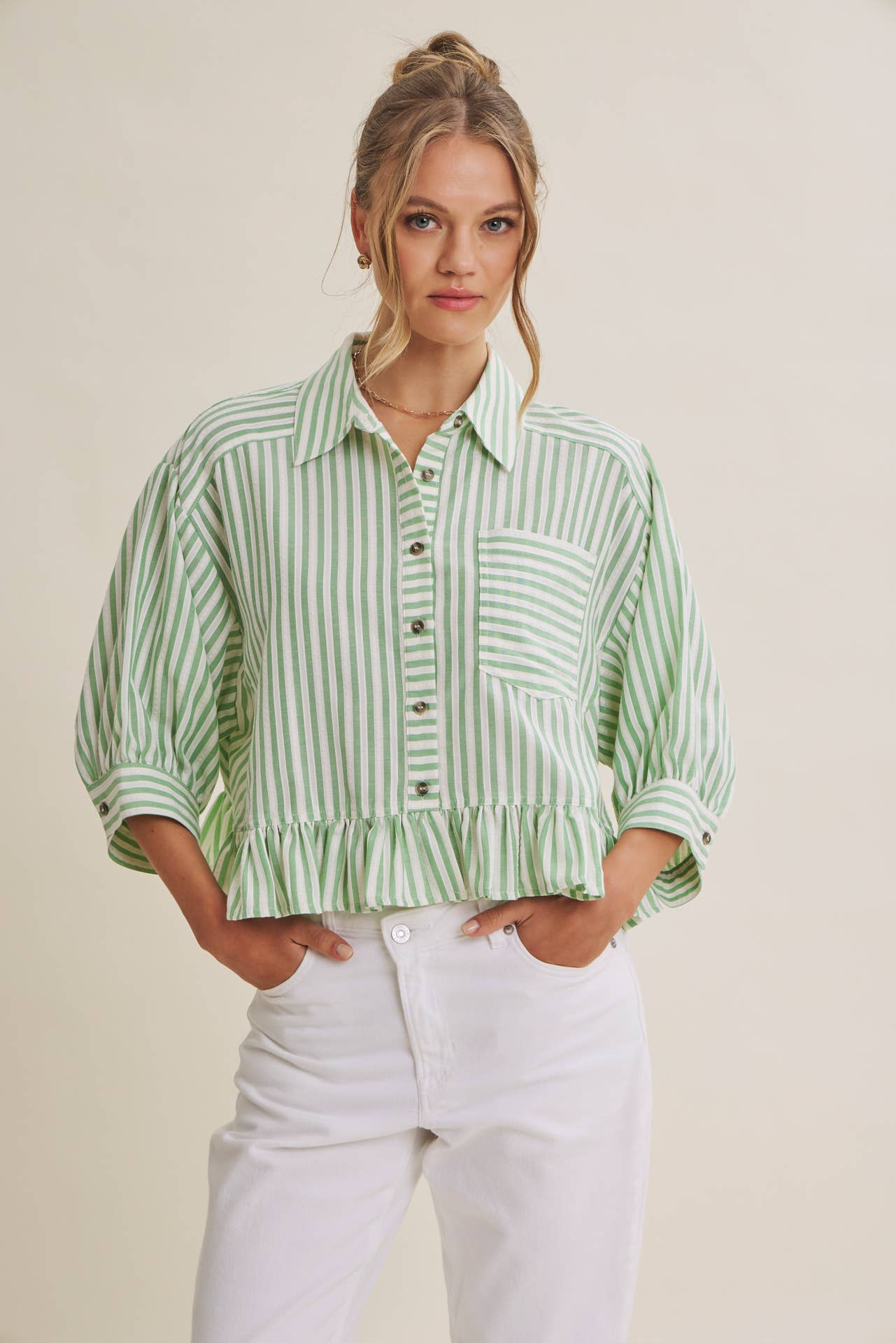YEAR-ROUND CLASSIC COTTON STRIPE BUTTON-DOWN PEPLUM SHIRT: CLOVER GREEN / L