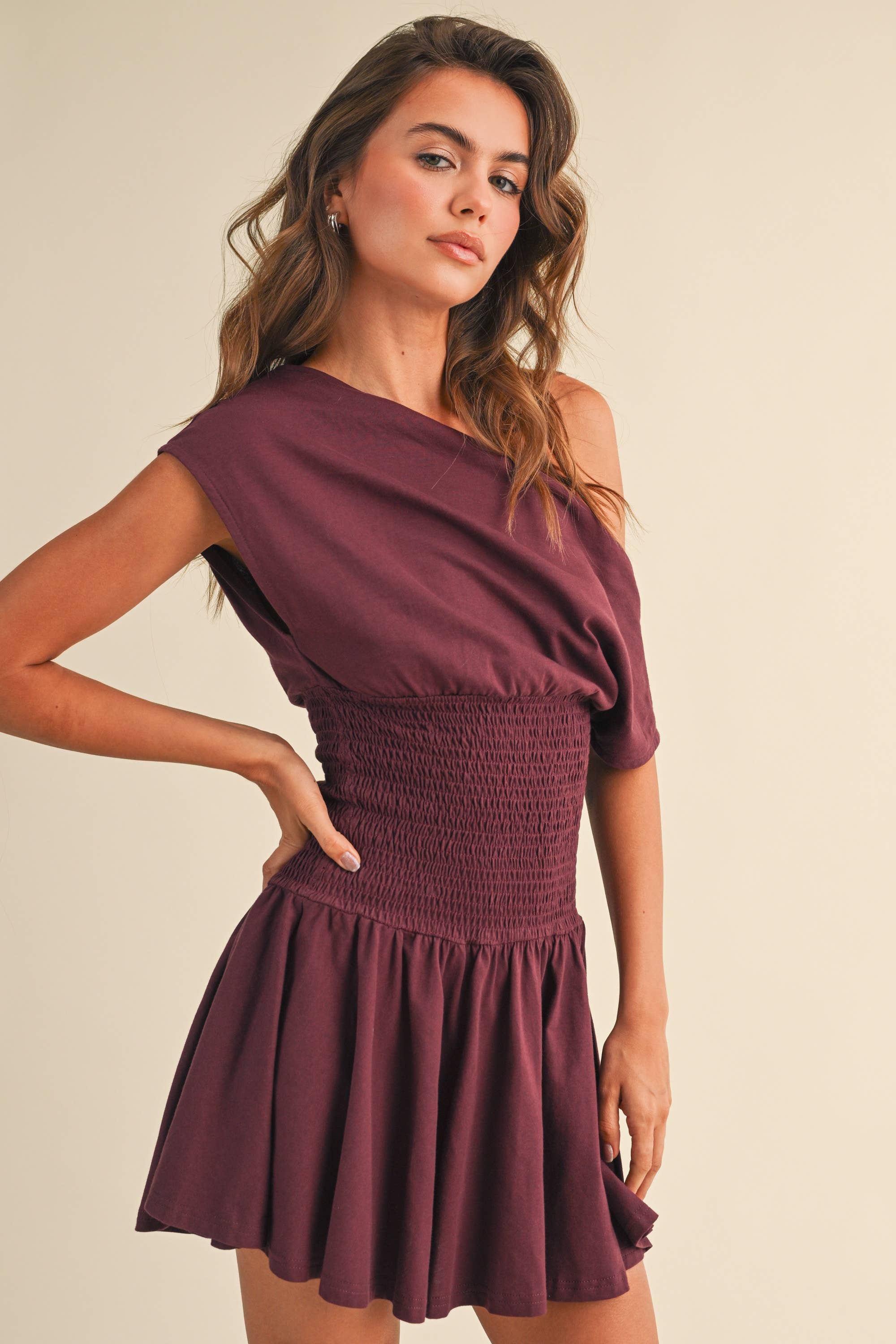 OFF SHOULDER SMOCKED WAIST MINI DRESS