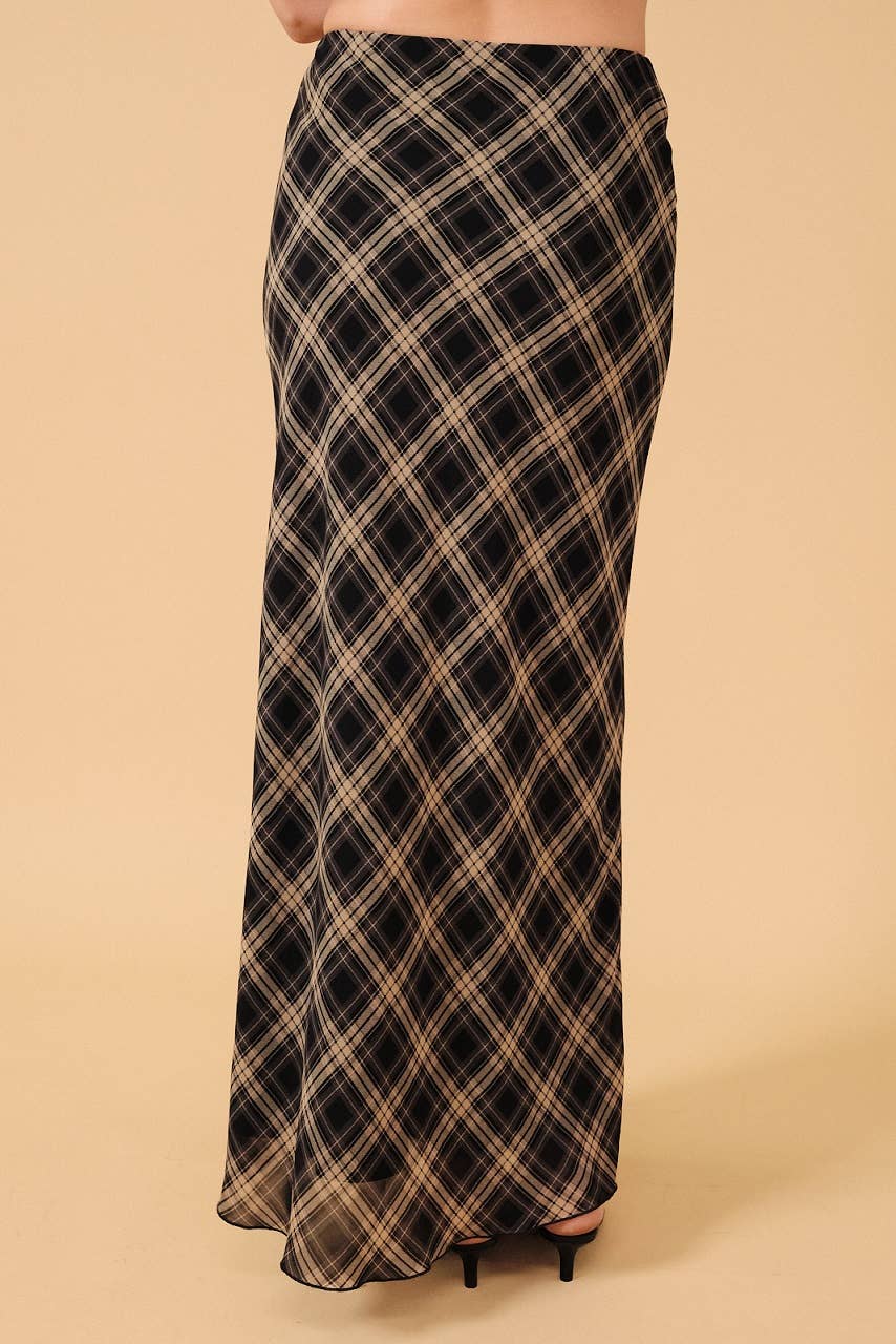 HIGH WAIST PLAID CHIFFON MIDI SKIRT: NAVY-CREAM PLAID / M