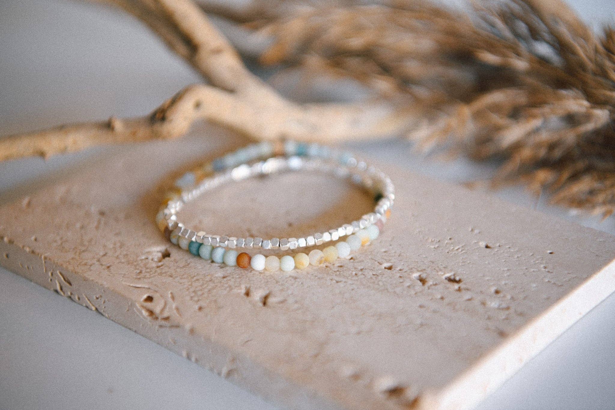 Gemstone Double Wrap Silver Beaded Bracelet : Black Agate