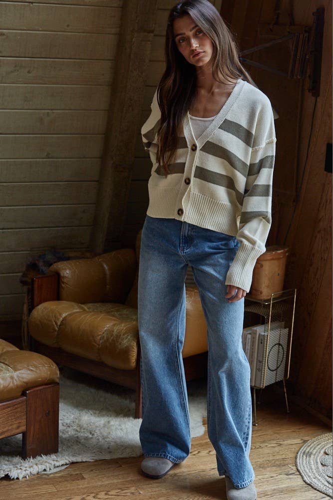 W1537 | Knit Sweater Striped Button Down Cardigan: Cream Olive / S