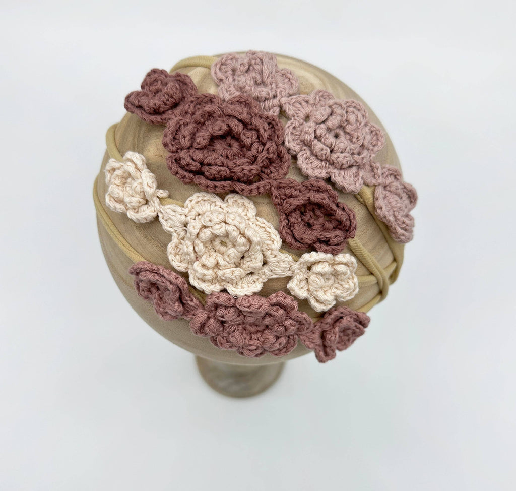 Crochet Flower Headband: With Card / Apricot-pink / Triple Flower