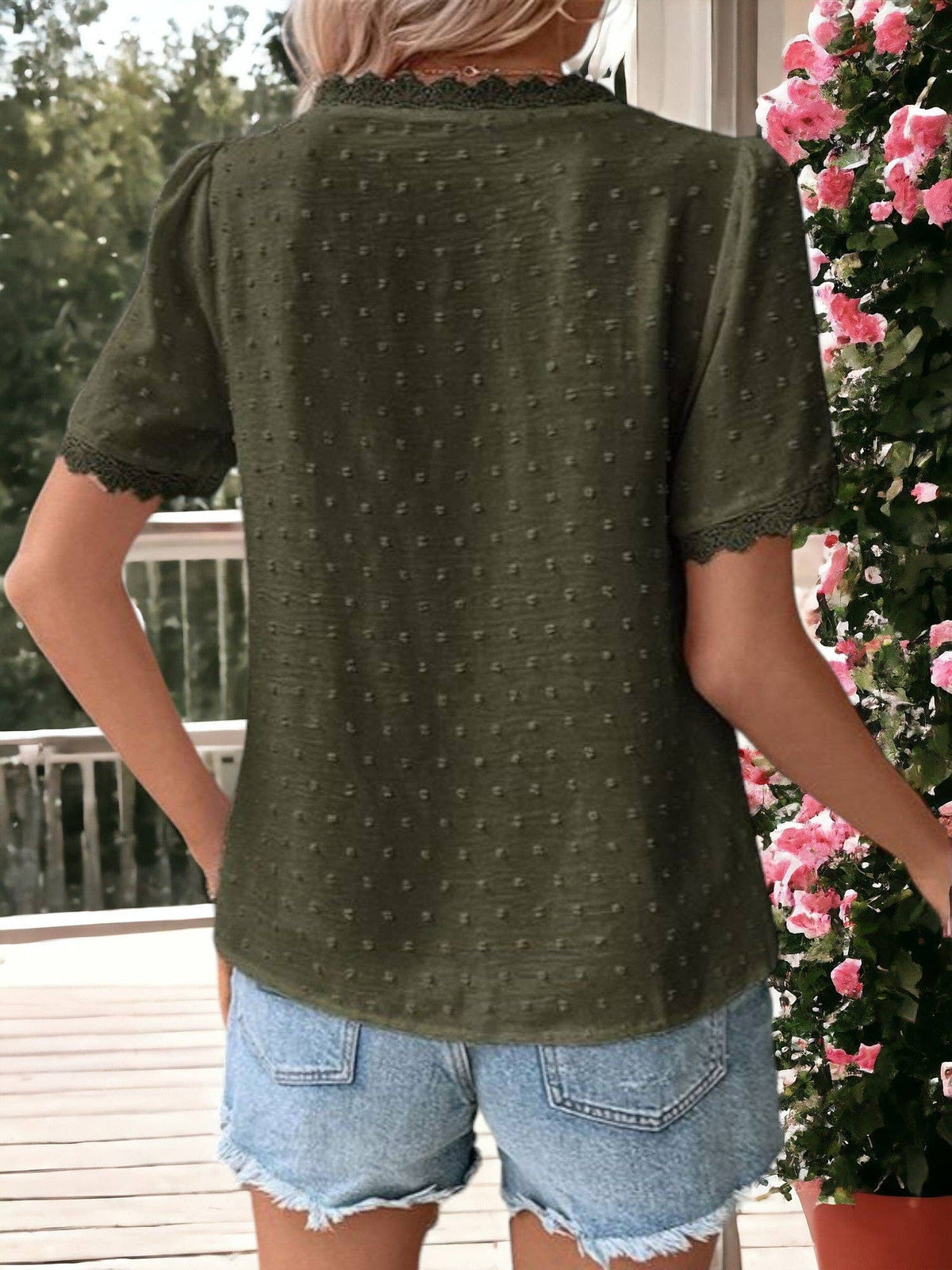 Lace Detailed V-Neck Short Sleeved Blouse: Olive Green / XL 16-18