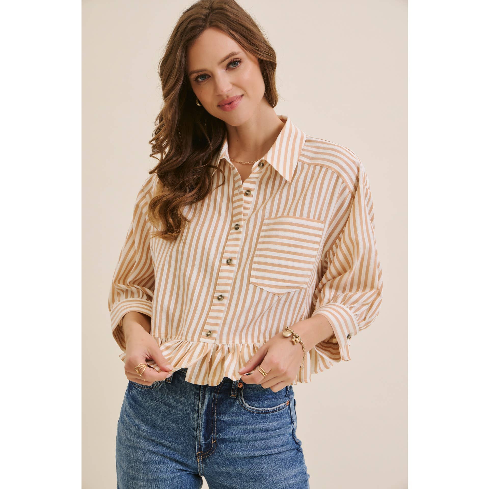YEAR-ROUND CLASSIC COTTON STRIPE BUTTON-DOWN PEPLUM SHIRT: CLOVER GREEN / S