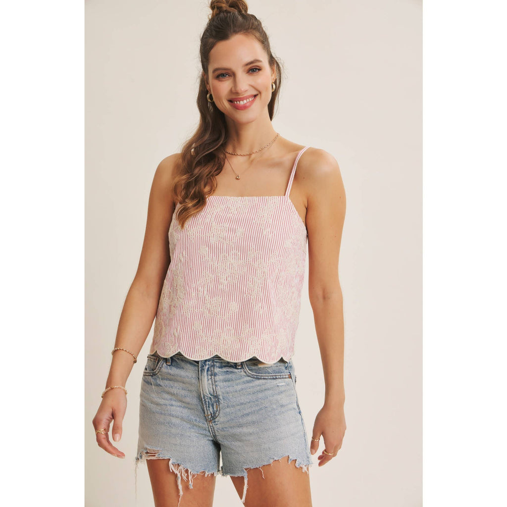 VERSATILE SUMMER STAPLE STRIPE EMBROIDERED SCALLOP TANK TOP