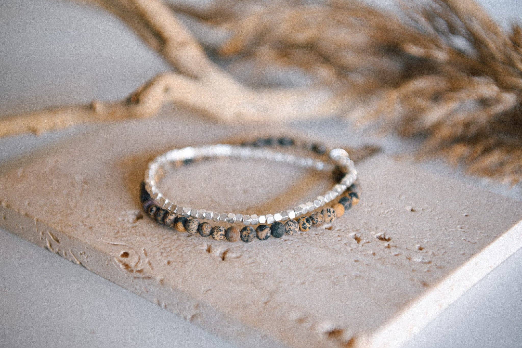 Gemstone Double Wrap Silver Beaded Bracelet : Jade
