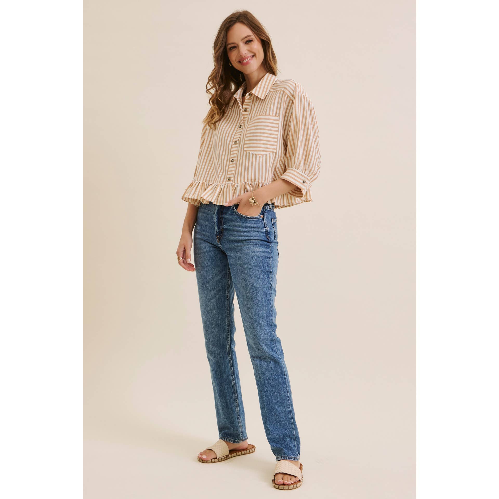 YEAR-ROUND CLASSIC COTTON STRIPE BUTTON-DOWN PEPLUM SHIRT: CLOVER GREEN / L