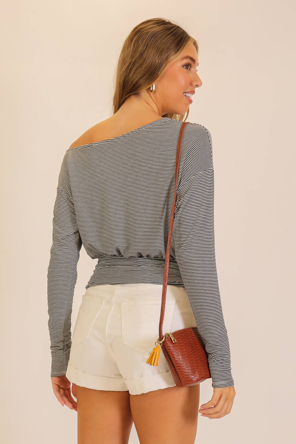 Striped One-Shoulder Ruched Waist Top