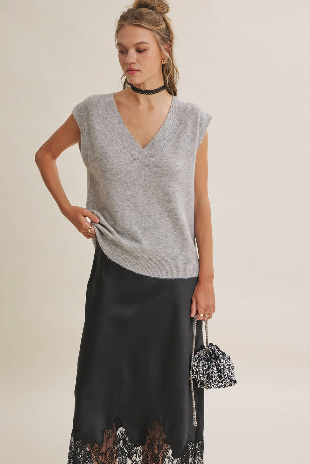 UNEXPECTED ELEGANT FRENCH LACE SATIN MIDI SKIRT: CHAMPAGNE / S