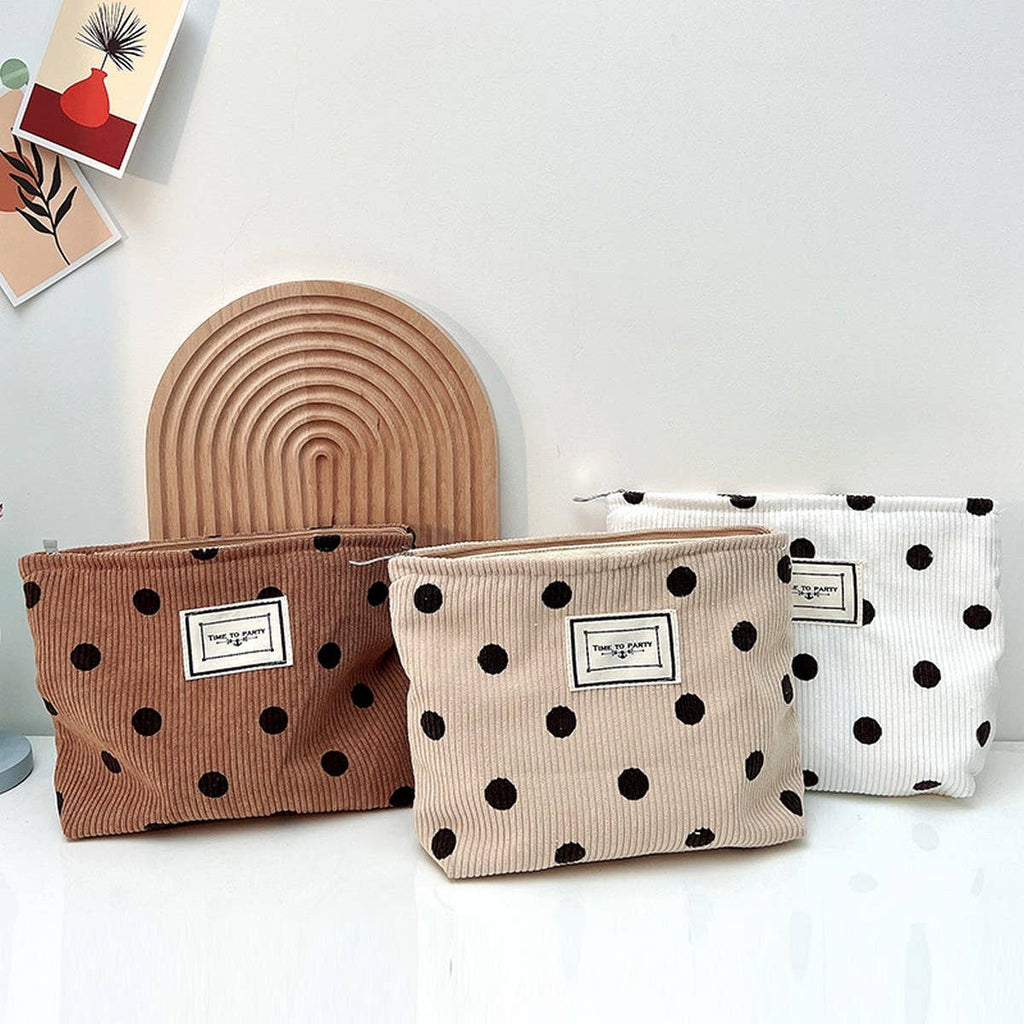 CORDUROY RETRO POLKA DOT MAKEUP BAG STORAGE BAG_CWAB1220: White / (OS) 2