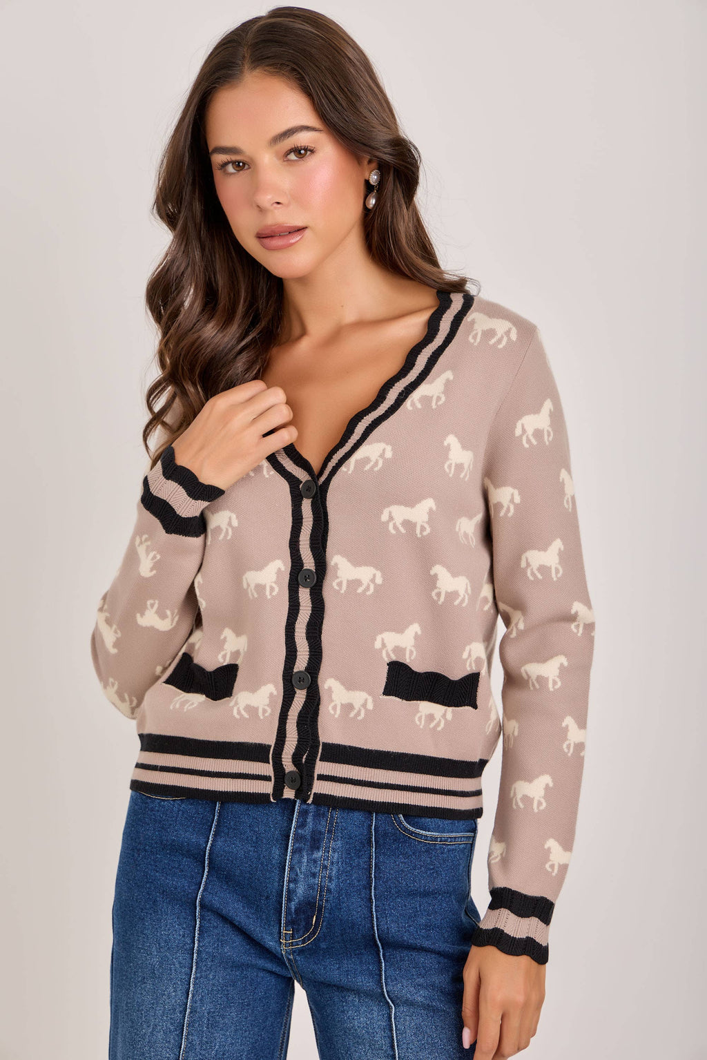 SUPER SOFT HORSE PRINT KNIT CARDIGAN_JLT00386-01: OATMEAL COMBO / S-M-L(2-2-2)