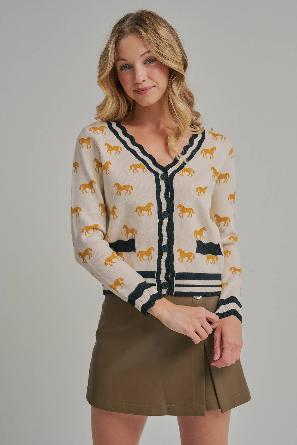SUPER SOFT HORSE PRINT KNIT CARDIGAN_JLT00386-01: OATMEAL COMBO / S-M-L(2-2-2)