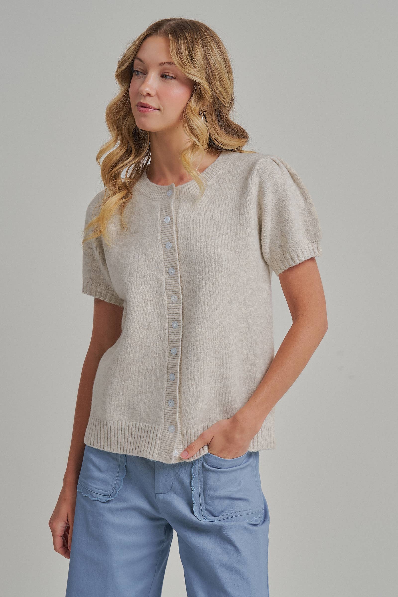 SHORT SLEEVE RELAXED FIT CARDIGAN _JLT00295-01: OATMEAL / S-M-L(2-2-2)