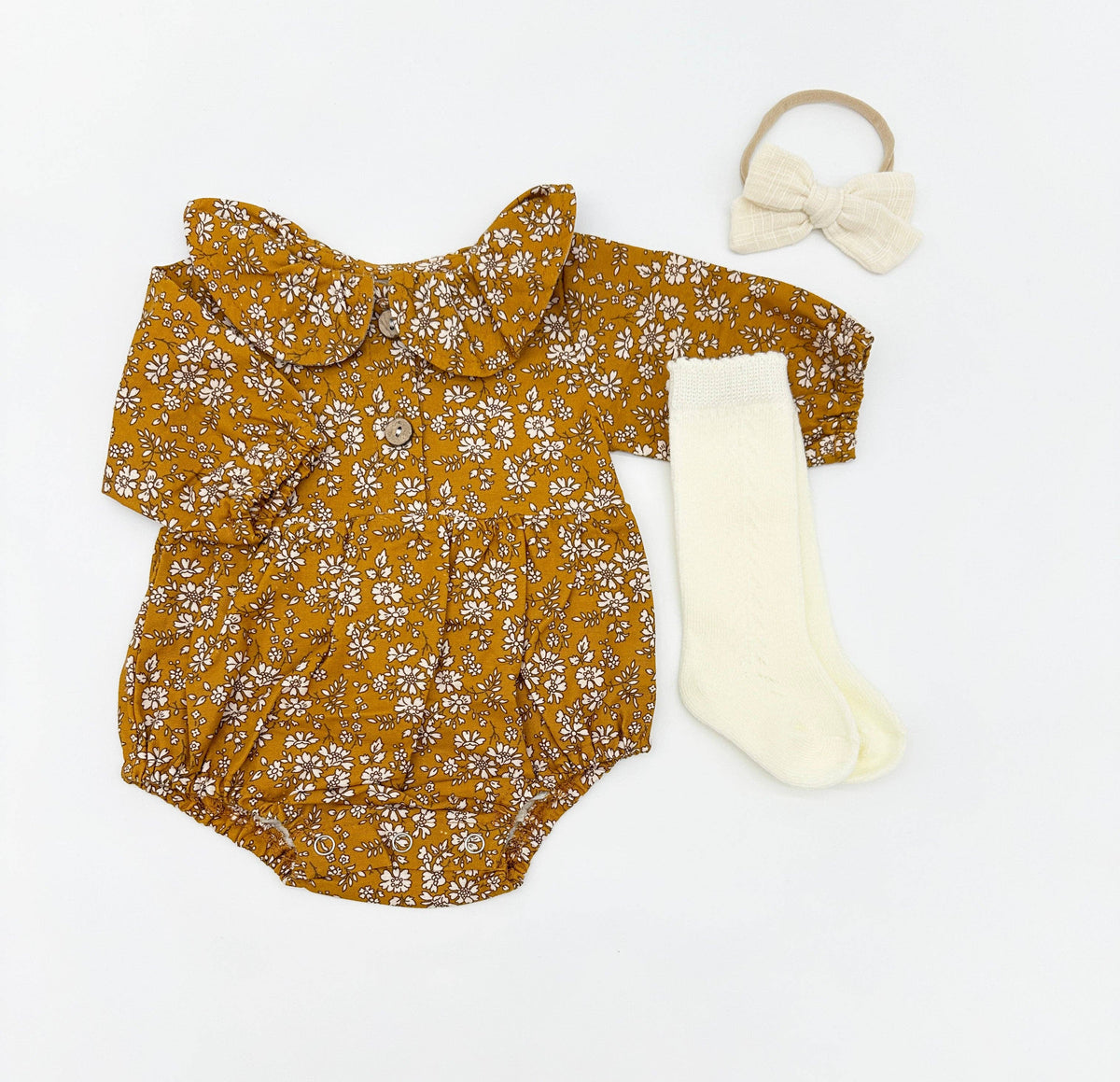 Mustard Floral Romper Set: D. 3pc Brown / 3-6 months
