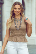 Solid Round Neck Shirred Sleeveless Tank Top: Smoke Gray / XL