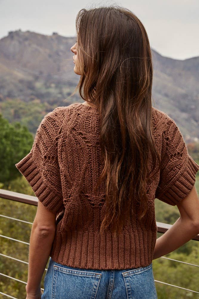 W1124 | Knit Sweater Crochet Round Neck Short Sleeve Top: Taupe / Large