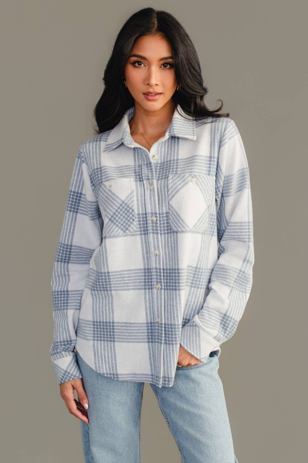 White & Dusty Blue Plaid Button Up