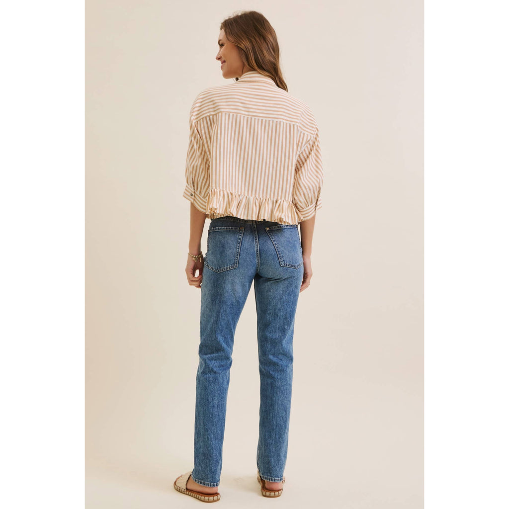 YEAR-ROUND CLASSIC COTTON STRIPE BUTTON-DOWN PEPLUM SHIRT: CLOVER GREEN / S
