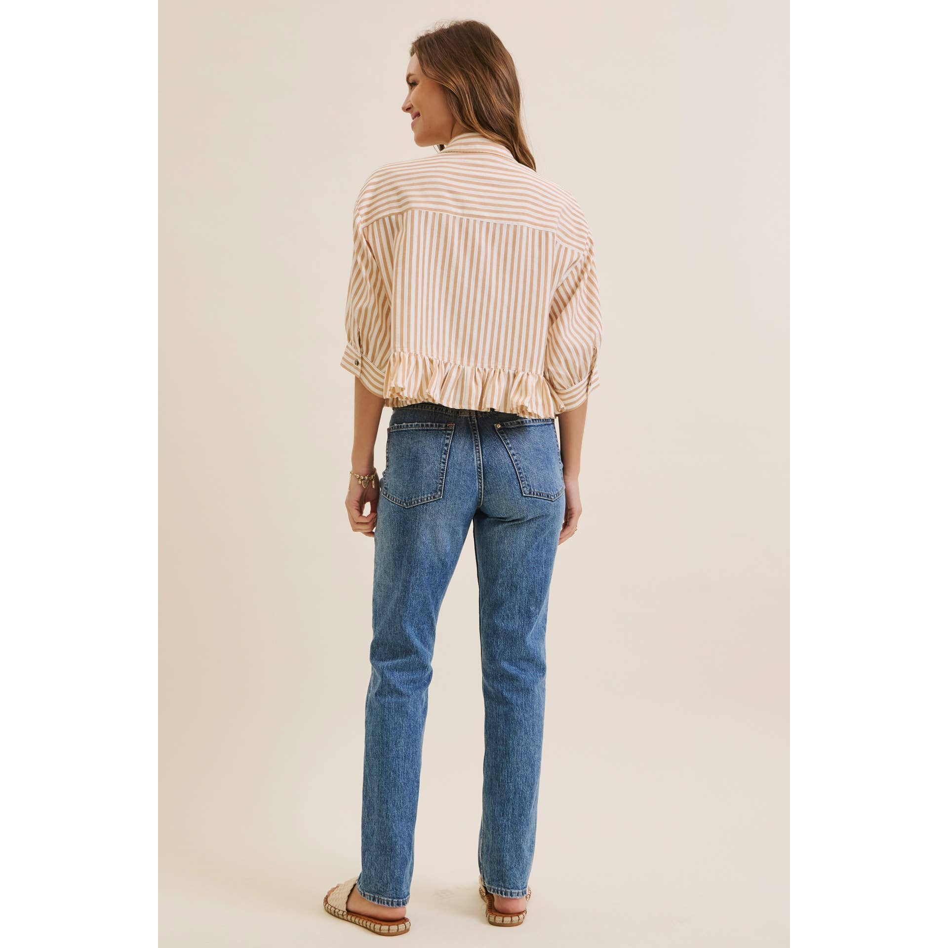 YEAR-ROUND CLASSIC COTTON STRIPE BUTTON-DOWN PEPLUM SHIRT: CLOVER GREEN / L