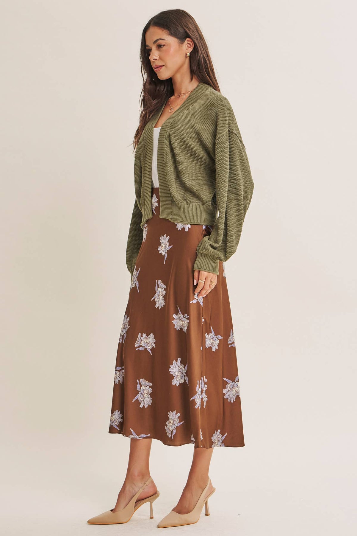 EVERYDAY ESEENTIAL EASY LAYERING BALLOON SLV WAFFLE CARDIGAN: OLIVE / S