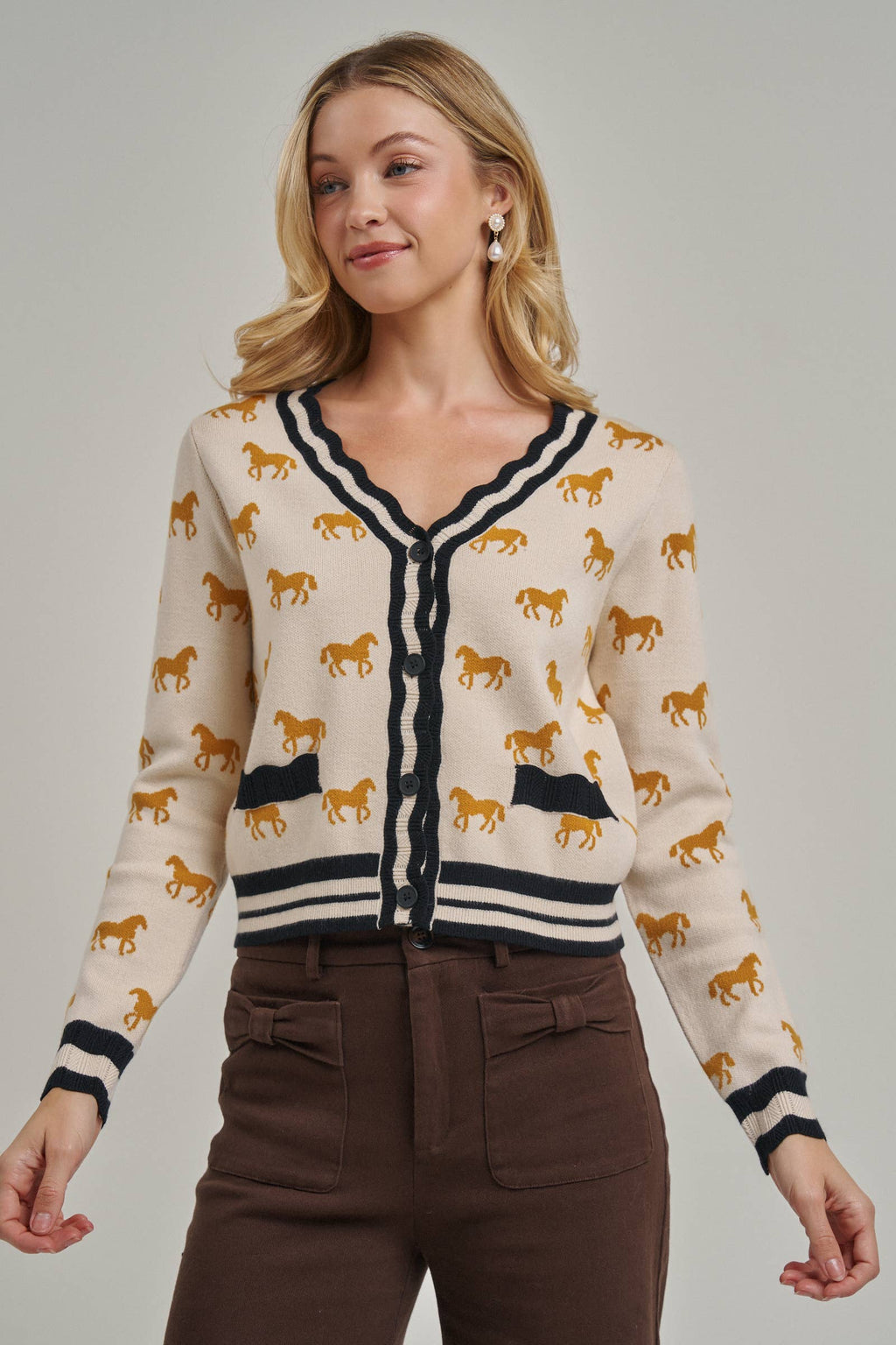 SUPER SOFT HORSE PRINT KNIT CARDIGAN_JLT00386-01: OATMEAL COMBO / S-M-L(2-2-2)
