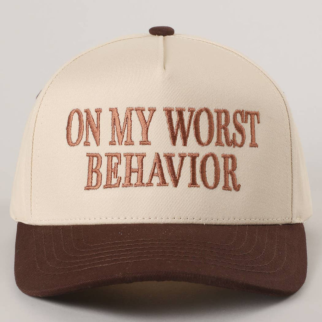 ON MY WORST BEHAVIOR Embroidered Trucker Hat: DENIM / One Size