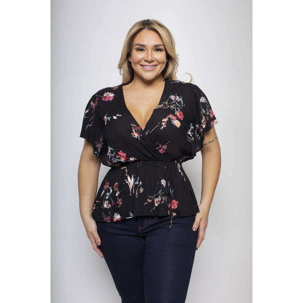 PLUS SIZE FLORAL PRINT SURPLICE TOP: Black / 3X