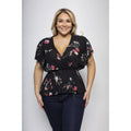 PLUS SIZE FLORAL PRINT SURPLICE TOP: Black / 2X