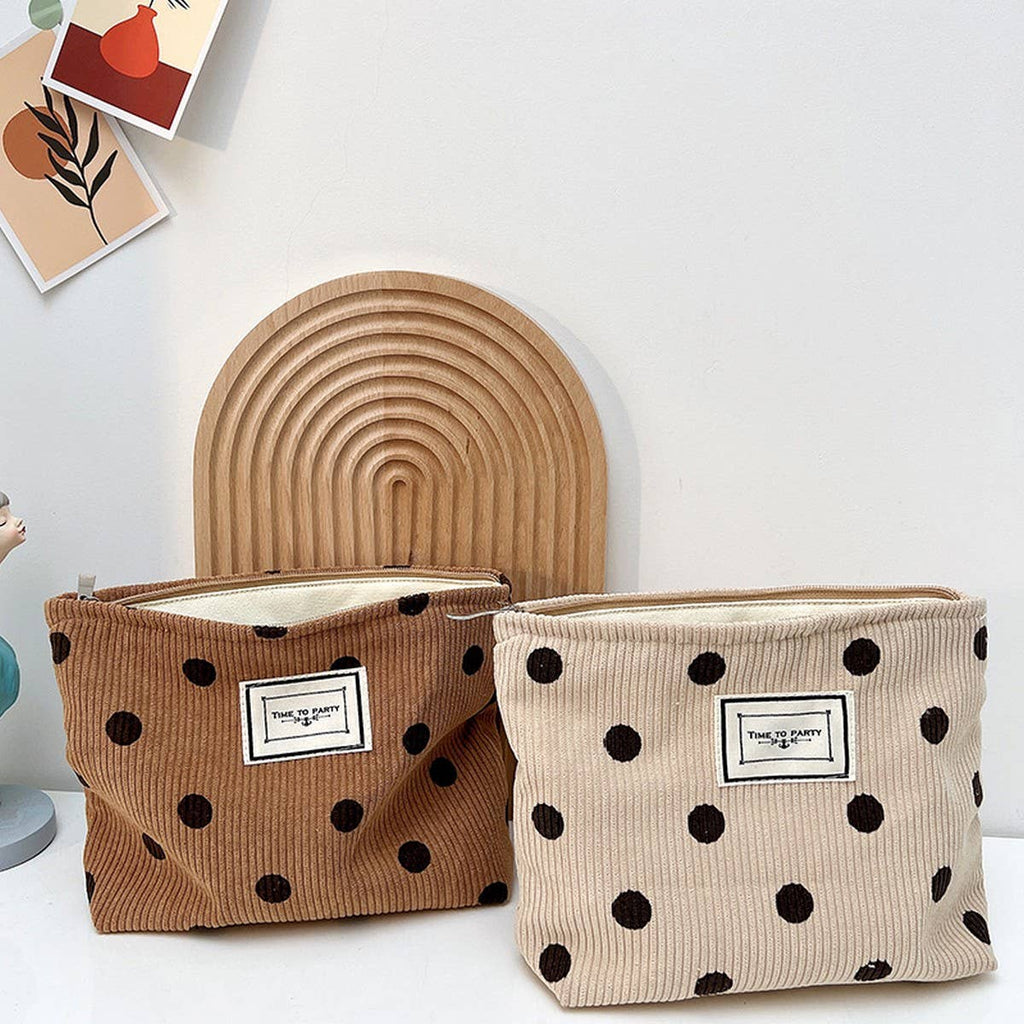 CORDUROY RETRO POLKA DOT MAKEUP BAG STORAGE BAG_CWAB1220: White / (OS) 2