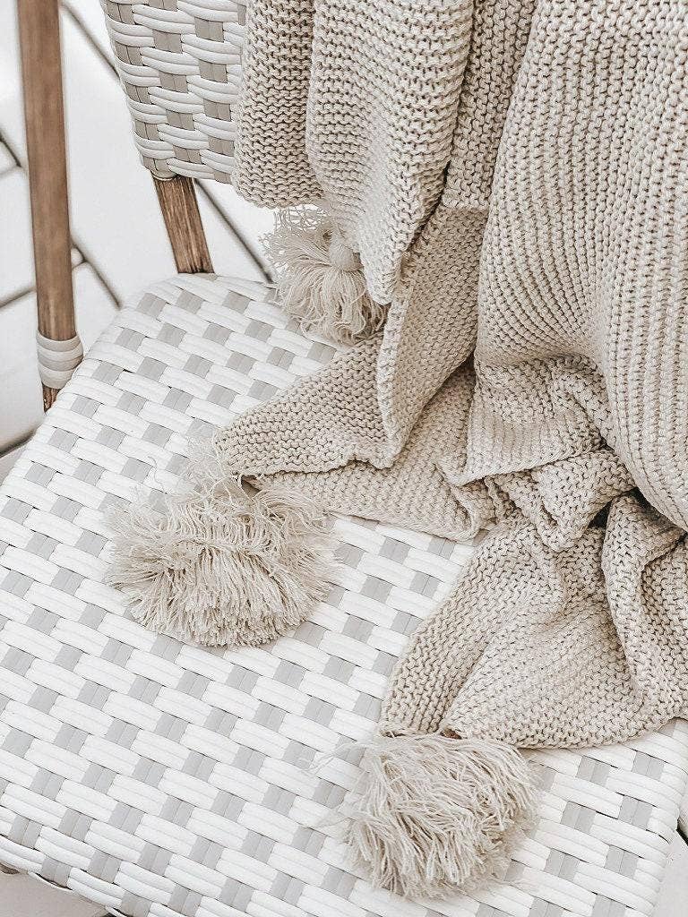 Knit Throw Blanket - Knit Throw Blanket With Tassels | Cozy: Cream