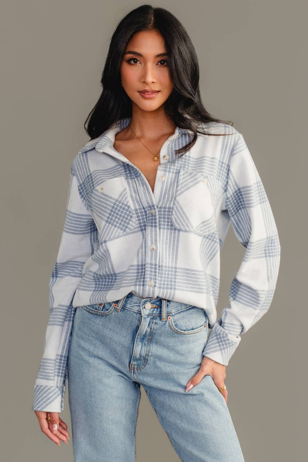 White & Dusty Blue Plaid Button Up