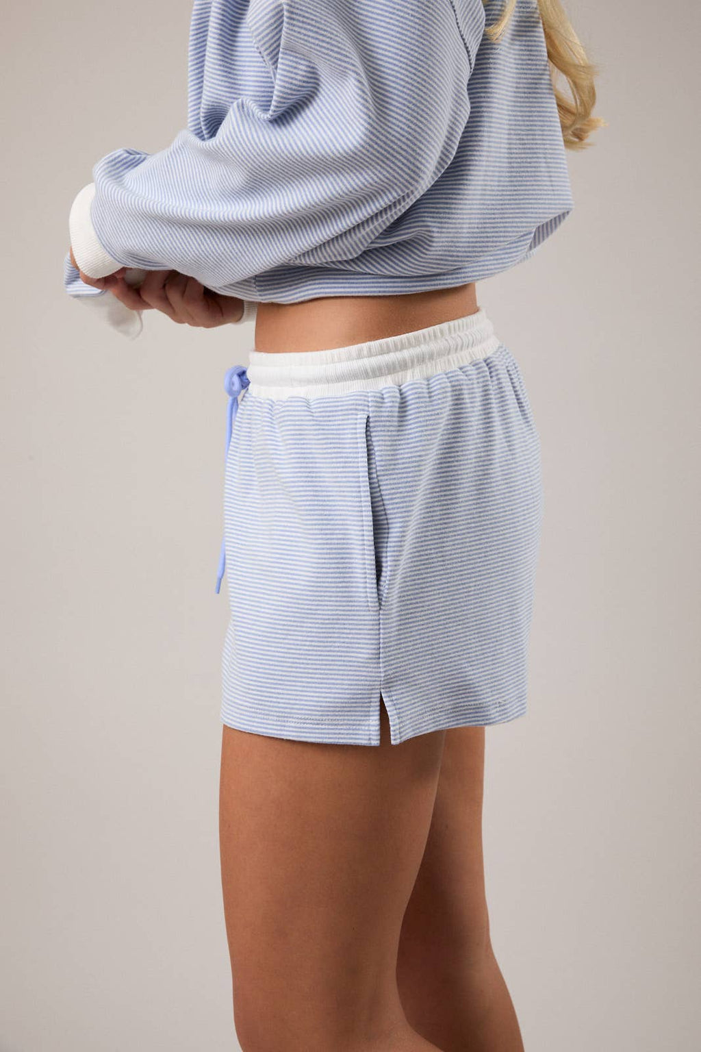 MID RISE STRIPE SHORTS: SAGE-CREAM STRIPE