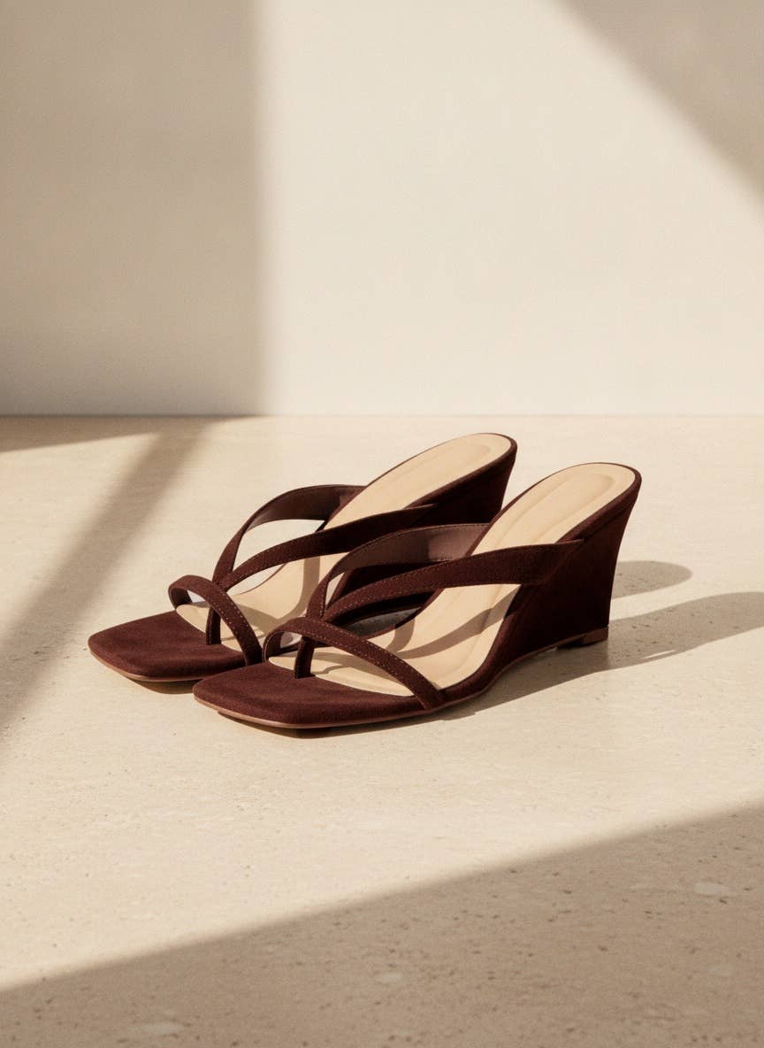 POET-05 Retro Wedge Thong Sandals Trendy Slip-On Heels: MOCHA / A12