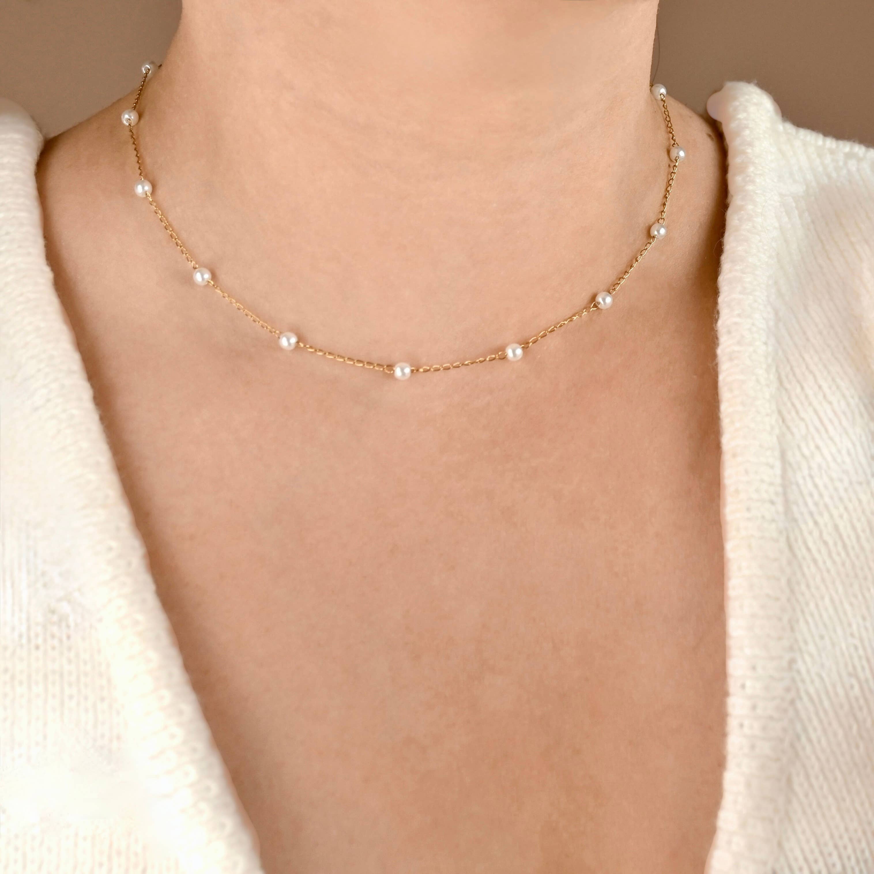 Dainty Gold Pearl Station Necklace