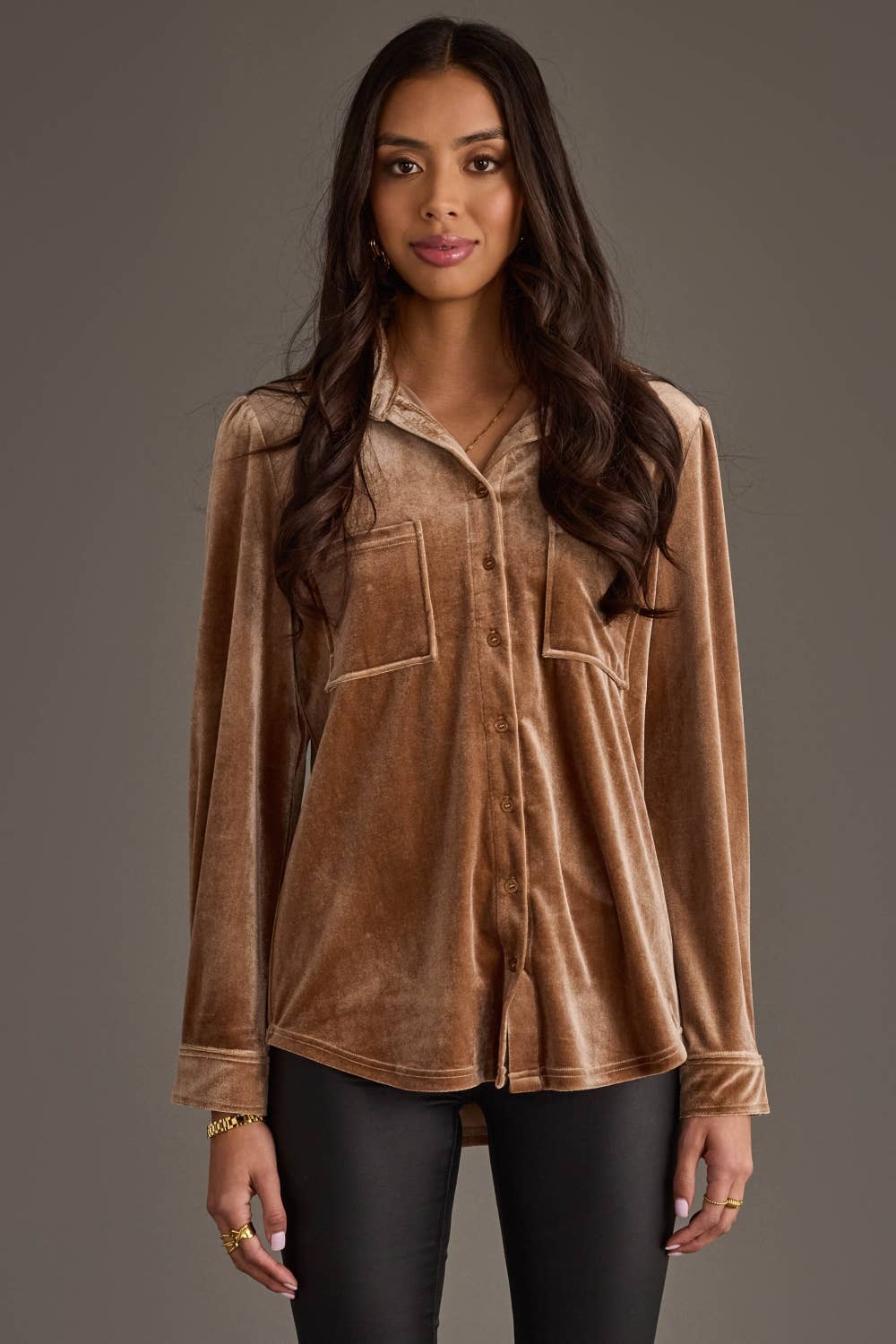 Tan Velvet Button Up