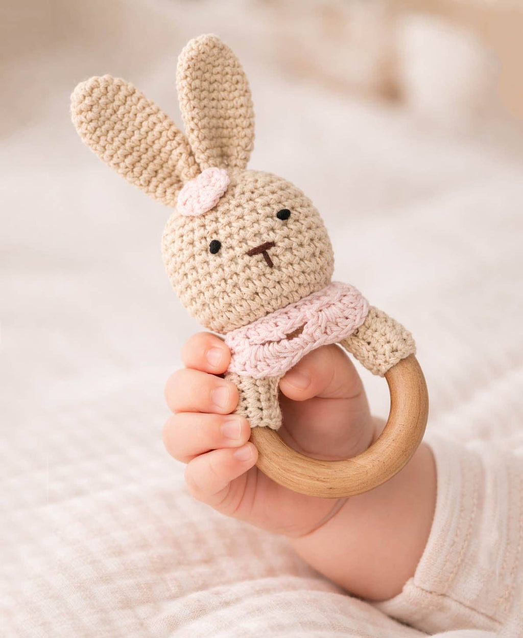 Crochet Bunny Rattle Teether: Flower girl