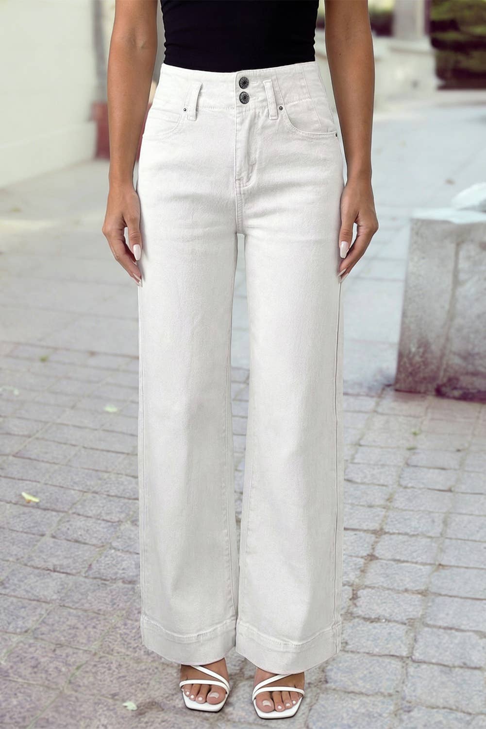 High Waisted Double Button Wide Leg Elastic Denim Jeans: Black / 14