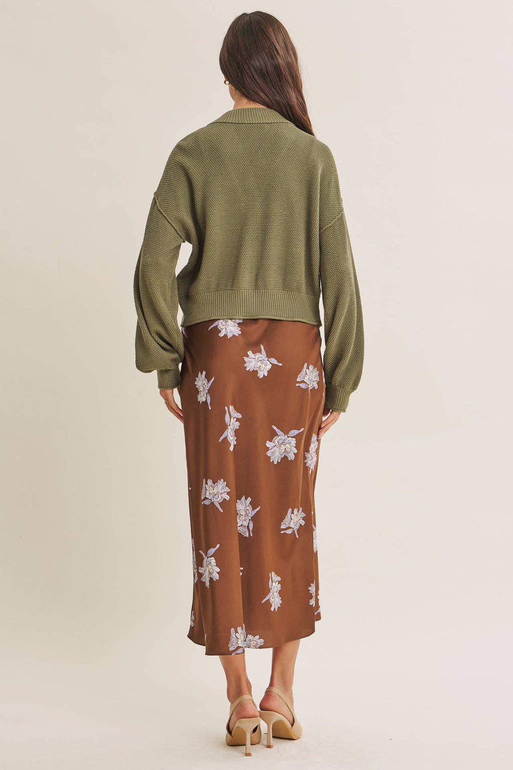 EVERYDAY ESEENTIAL EASY LAYERING BALLOON SLV WAFFLE CARDIGAN: OLIVE / S