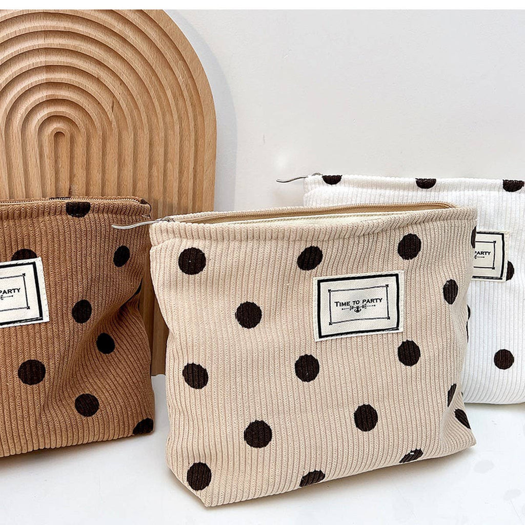 CORDUROY RETRO POLKA DOT MAKEUP BAG STORAGE BAG_CWAB1220: White / (OS) 2