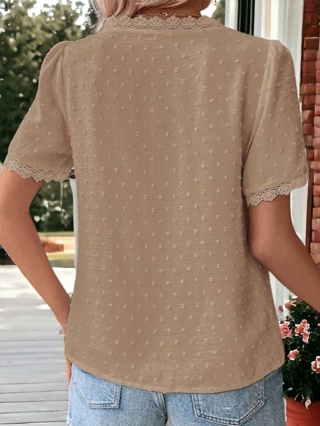 Lace Detailed V-Neck Short Sleeved Blouse: Olive Green / XL 16-18