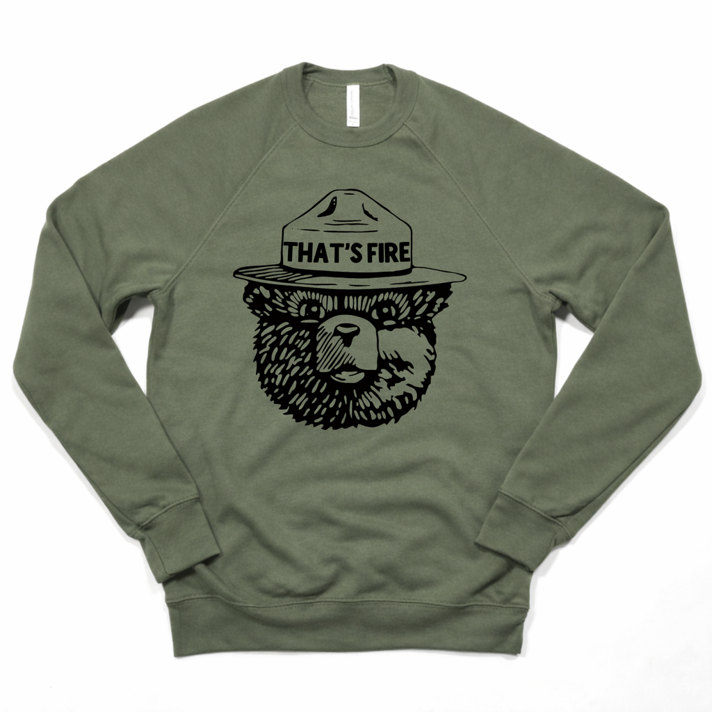 Bear “That’s Fire” Crewneck | Hoodie Sweatshirt 207: Heather Olive / M / Crewneck Sweatshirt
